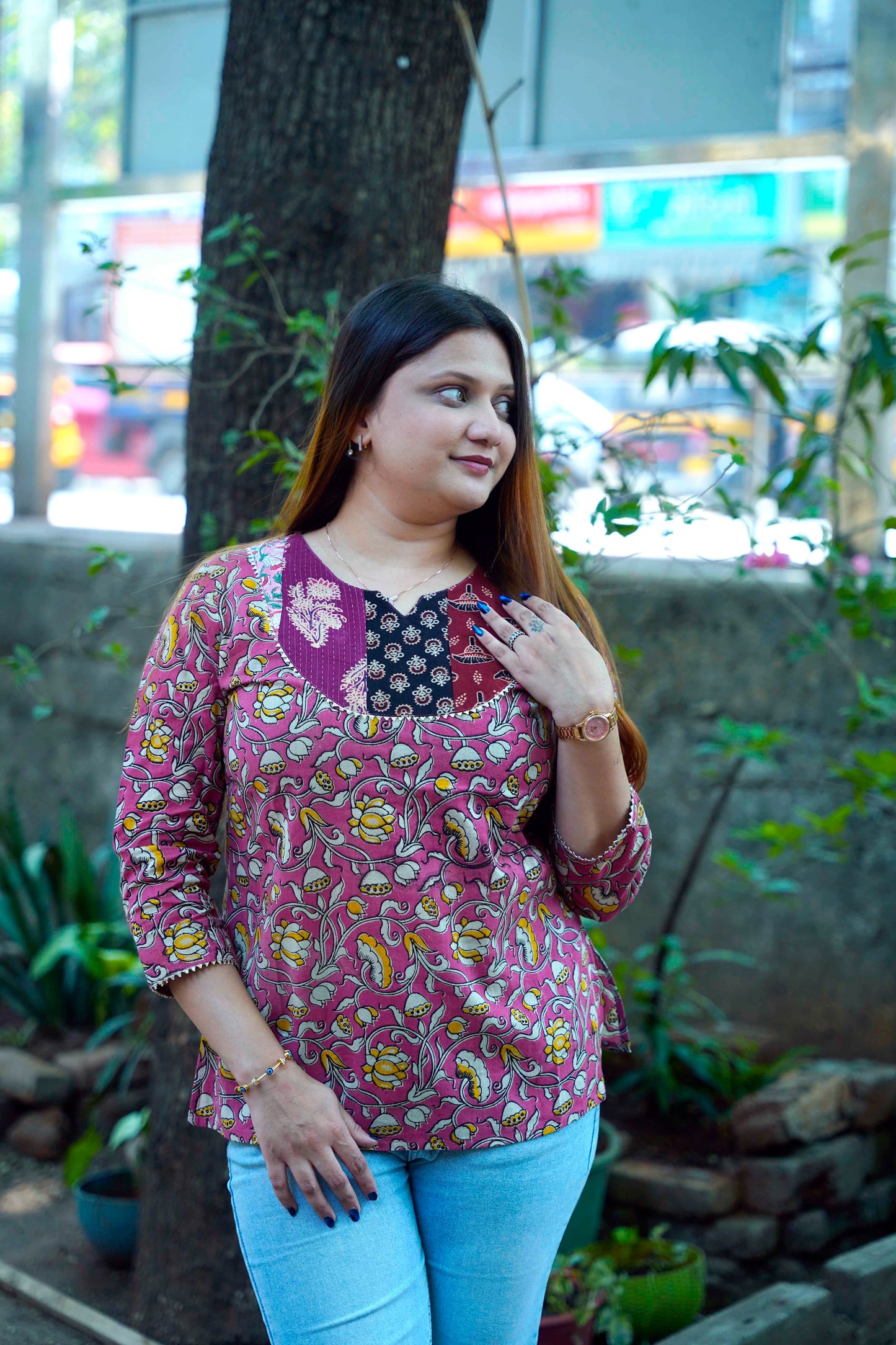 Pink Kalamkari Handblock Printed Cotton Top