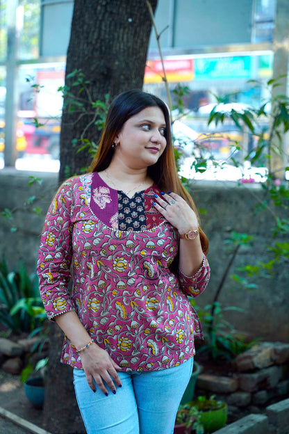 Pink Kalamkari Handblock Printed Cotton Top