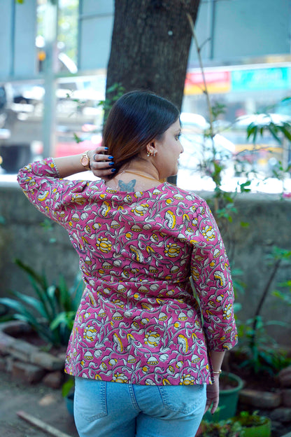 Pink Kalamkari Handblock Printed Cotton Top