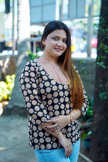 Black Bagru Handblock Printed Cotton Top