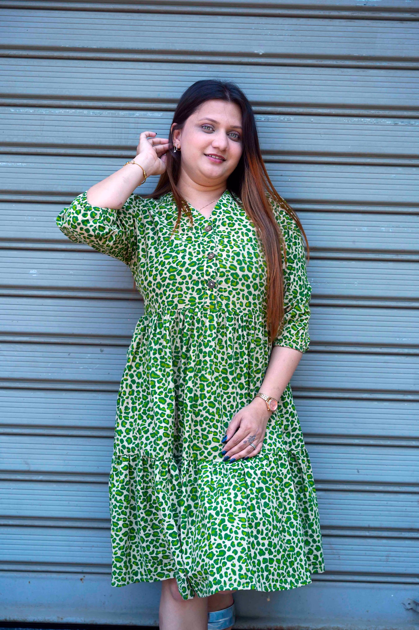 Green Leopard Handblock Print Below Knee Dress