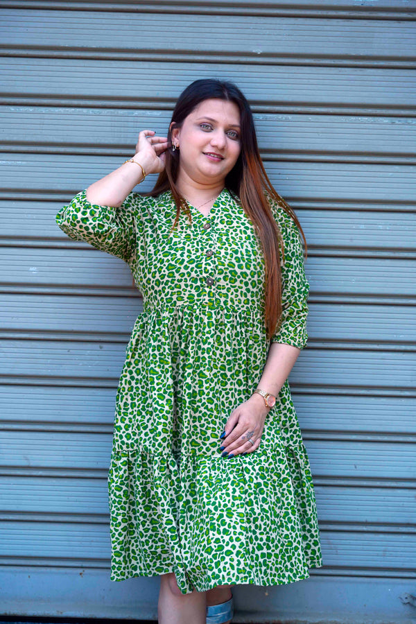 Green Leopard Handblock Print Below Knee Dress
