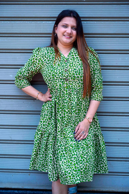 Green Leopard Handblock Print Below Knee Dress