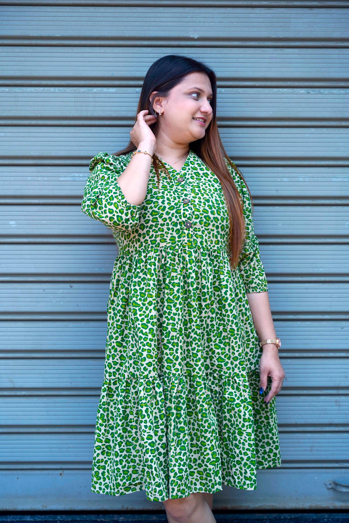 Green Leopard Handblock Print Below Knee Dress