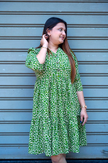 Green Leopard Handblock Print Below Knee Dress