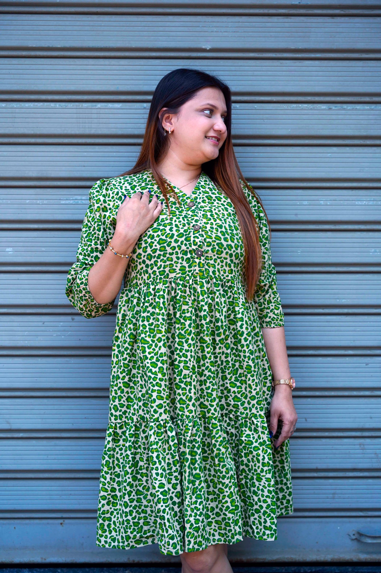 Green Leopard Handblock Print Below Knee Dress