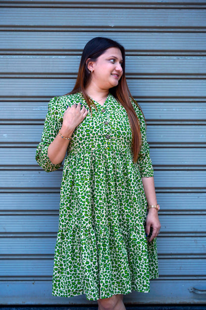 Green Leopard Handblock Print Below Knee Dress