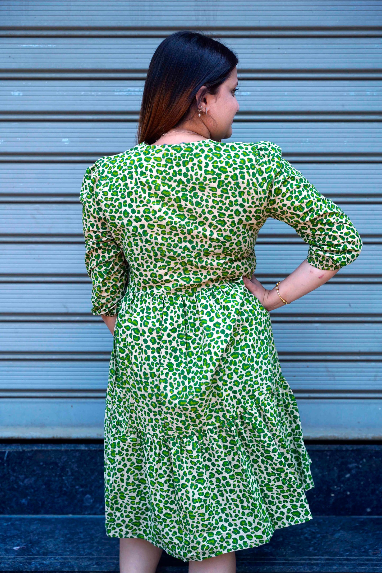Green Leopard Handblock Print Below Knee Dress