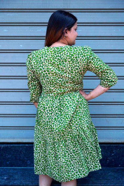 Green Leopard Handblock Print Below Knee Dress