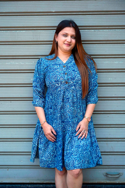 Indigo Handblock Print Below Knee Dress