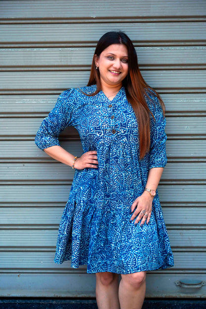 Indigo Handblock Print Below Knee Dress