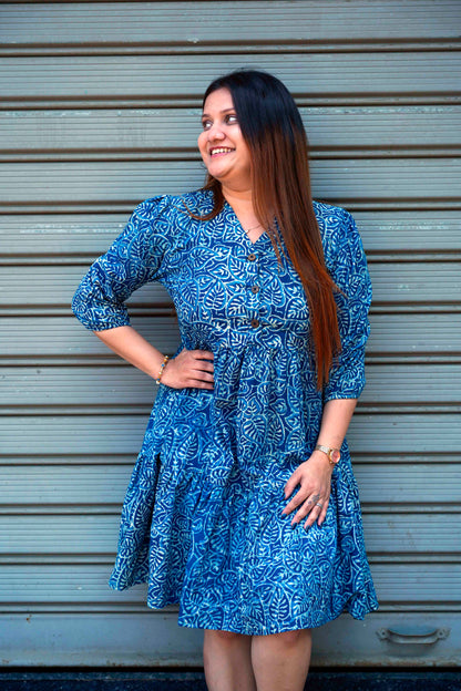Indigo Handblock Print Below Knee Dress