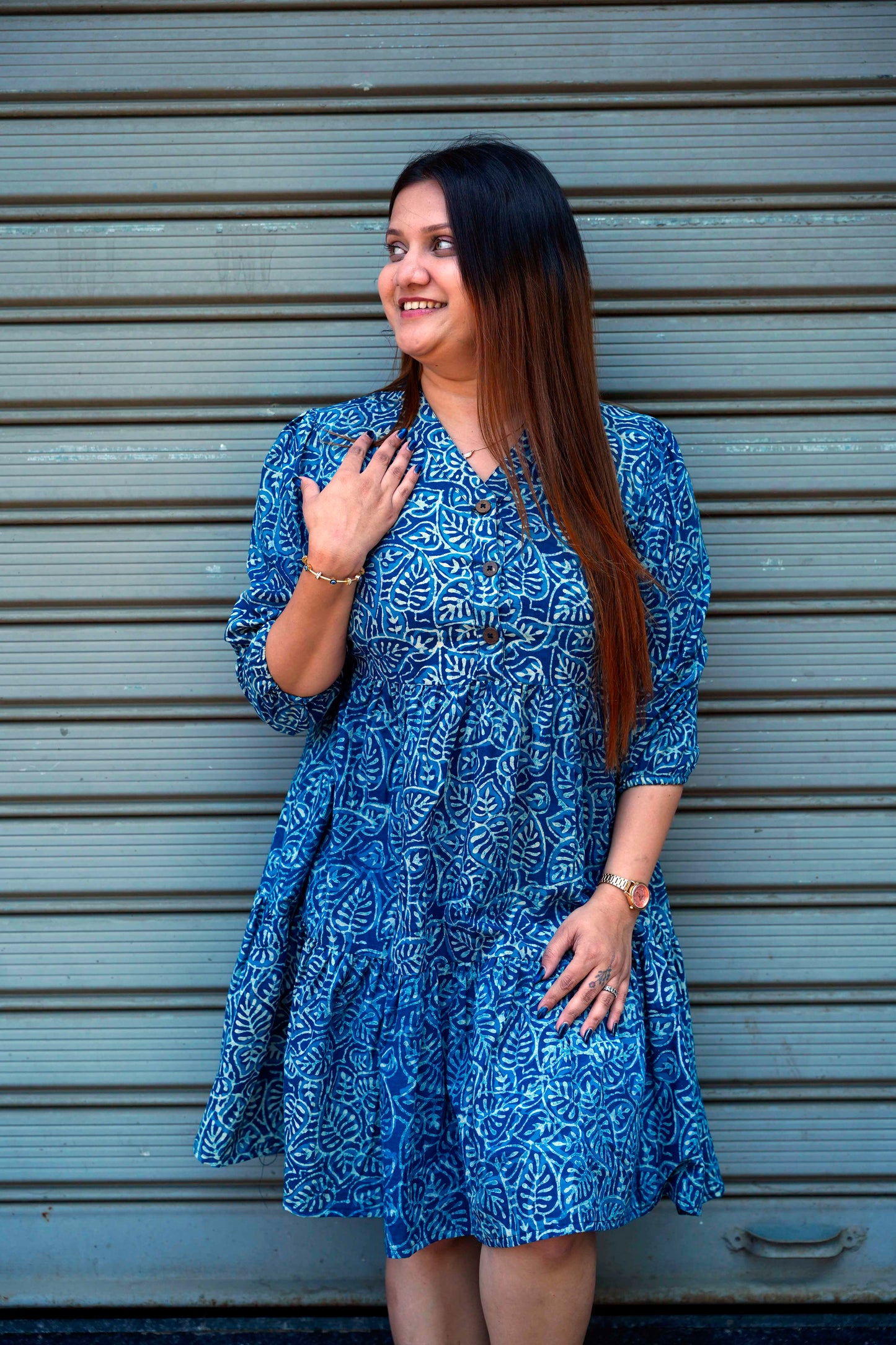 Indigo Handblock Print Below Knee Dress