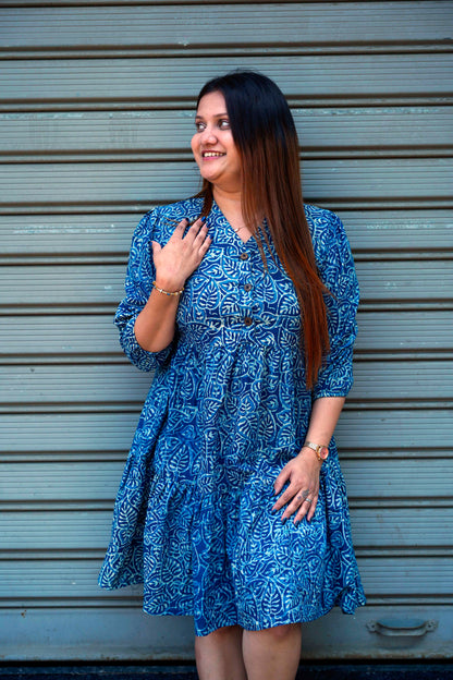 Indigo Handblock Print Below Knee Dress
