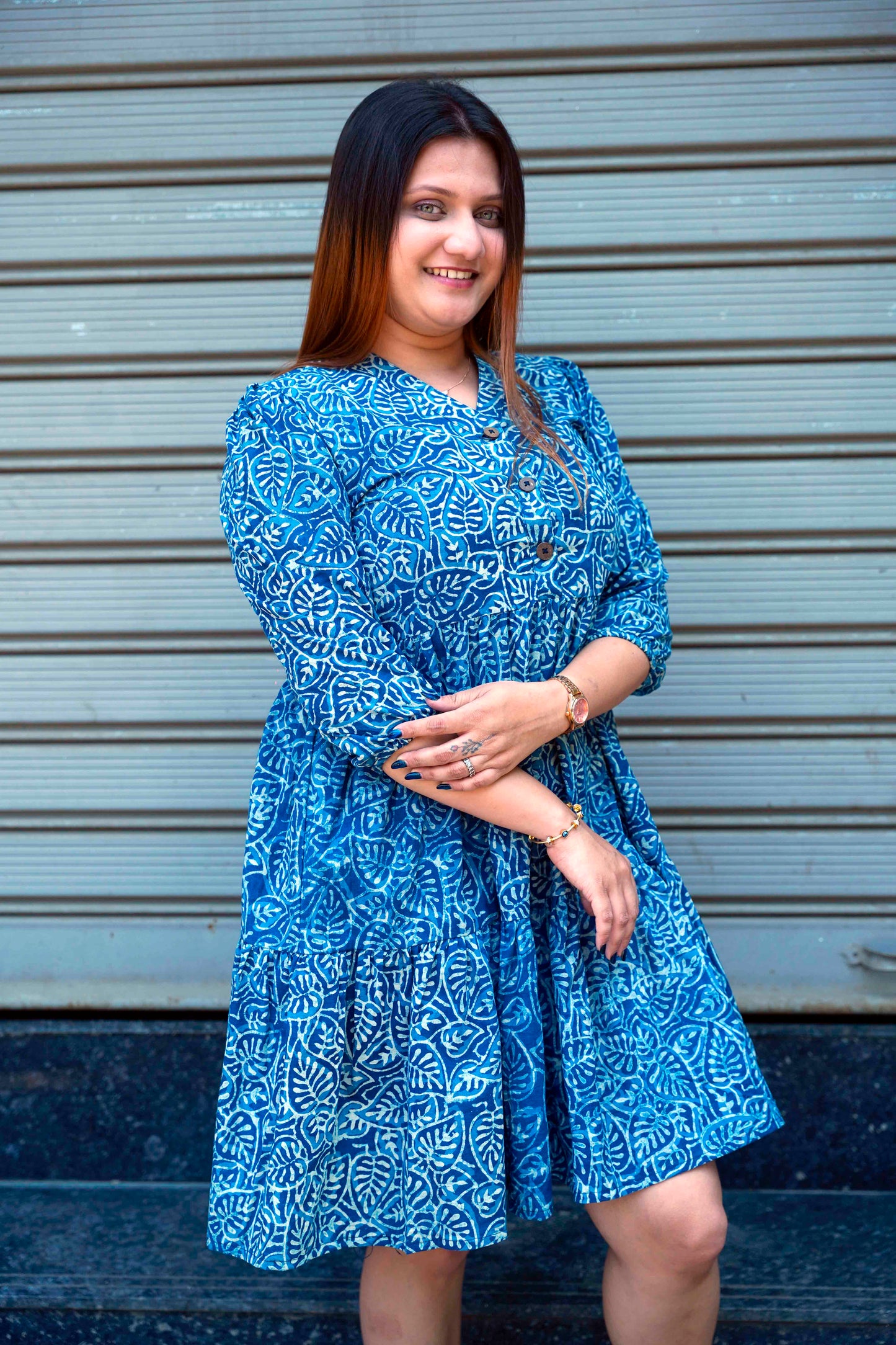 Indigo Handblock Print Below Knee Dress