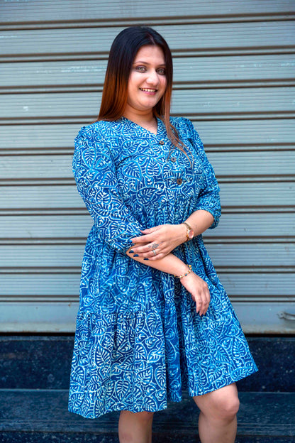 Indigo Handblock Print Below Knee Dress