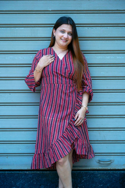 Red Hand Printed Frill Dress