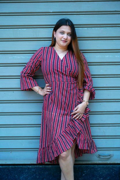 Red Hand Printed Frill Dress