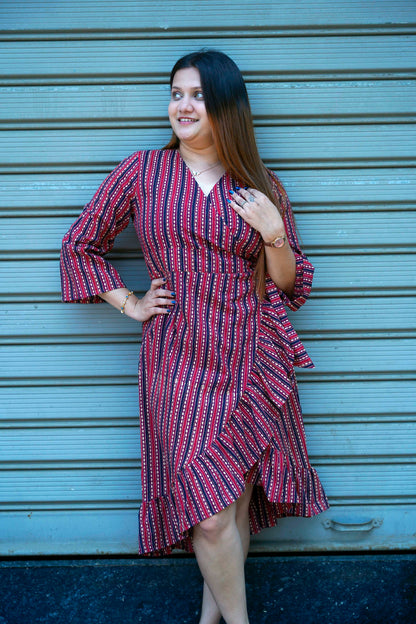 Red Hand Printed Frill Dress