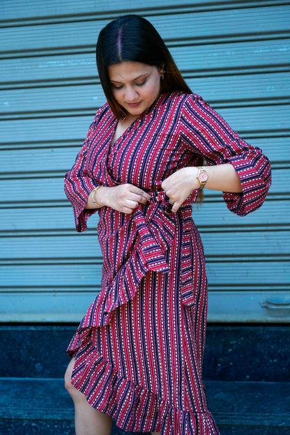 Red Hand Printed Frill Dress