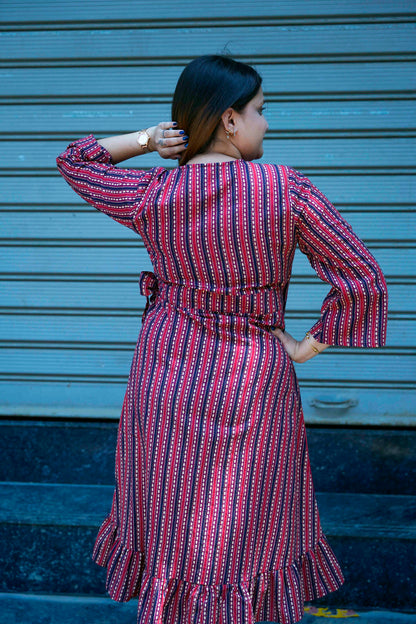 Red Hand Printed Frill Dress