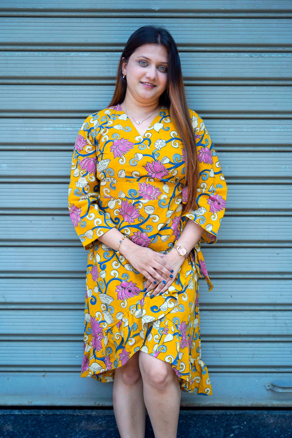 Yellow Kalamkari Handprinted Frill Dress