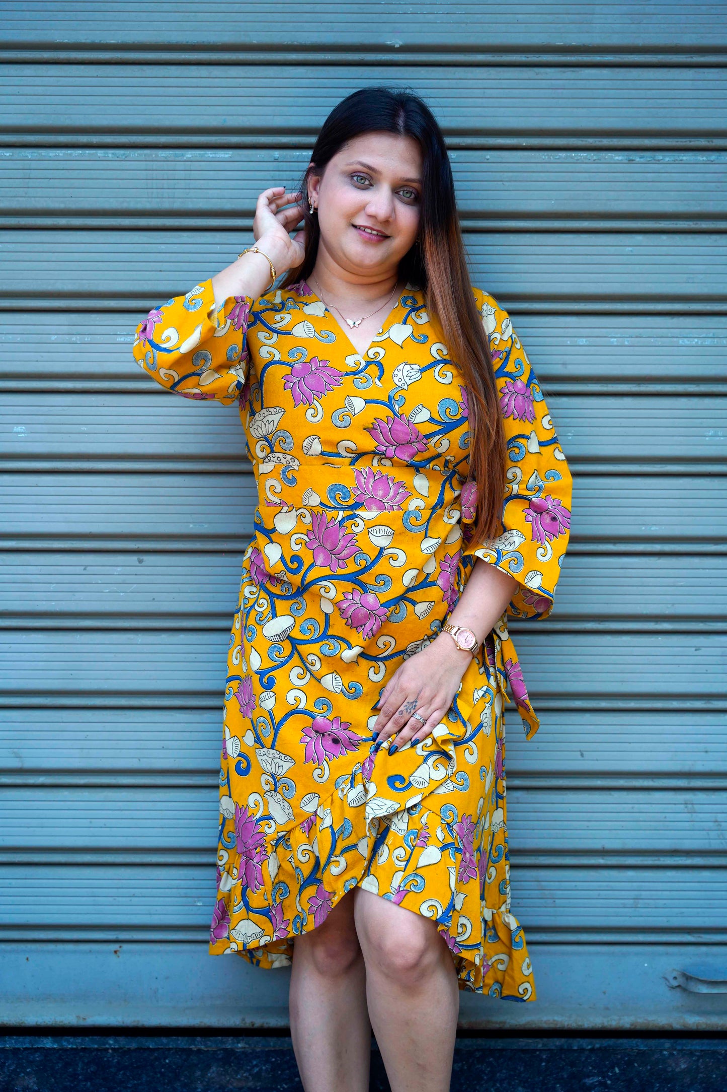 Yellow Kalamkari Handprinted Frill Dress