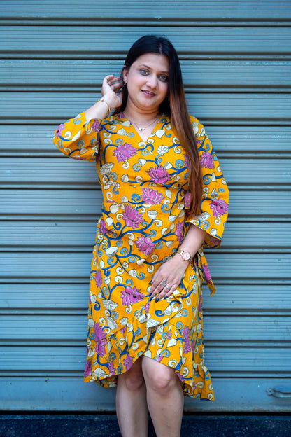 Yellow Kalamkari Handprinted Frill Dress