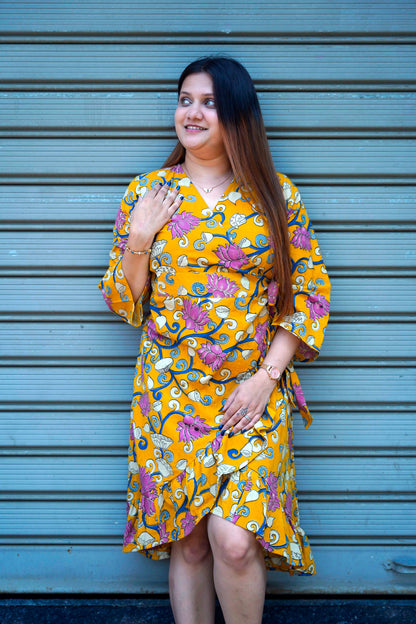 Yellow Kalamkari Handprinted Frill Dress