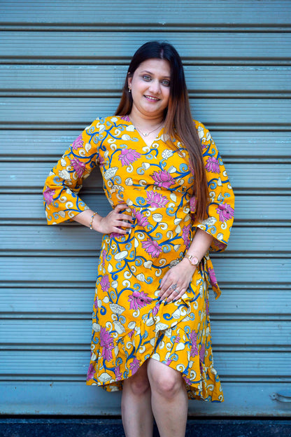 Yellow Kalamkari Handprinted Frill Dress