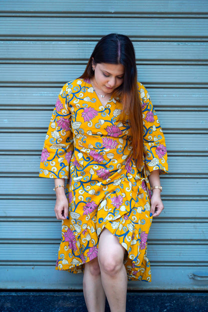 Yellow Kalamkari Handprinted Frill Dress