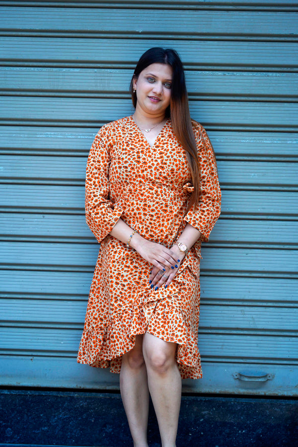 Orange Bagru Print Frill Dress