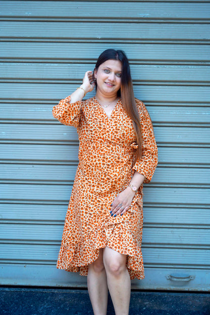 Orange Bagru Print Frill Dress
