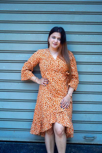 Orange Bagru Print Frill Dress