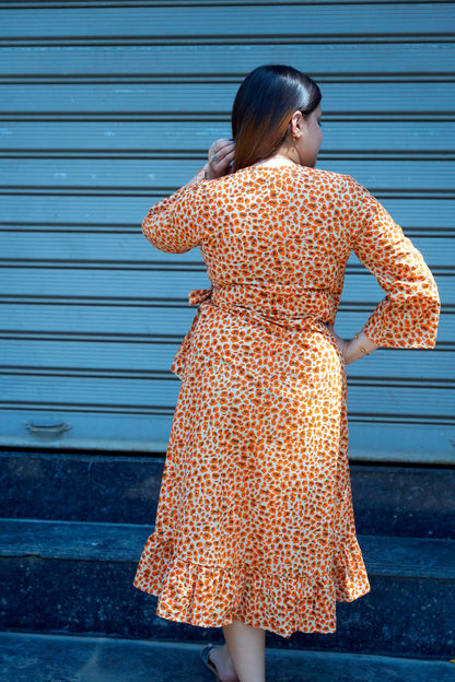 Orange Bagru Print Frill Dress