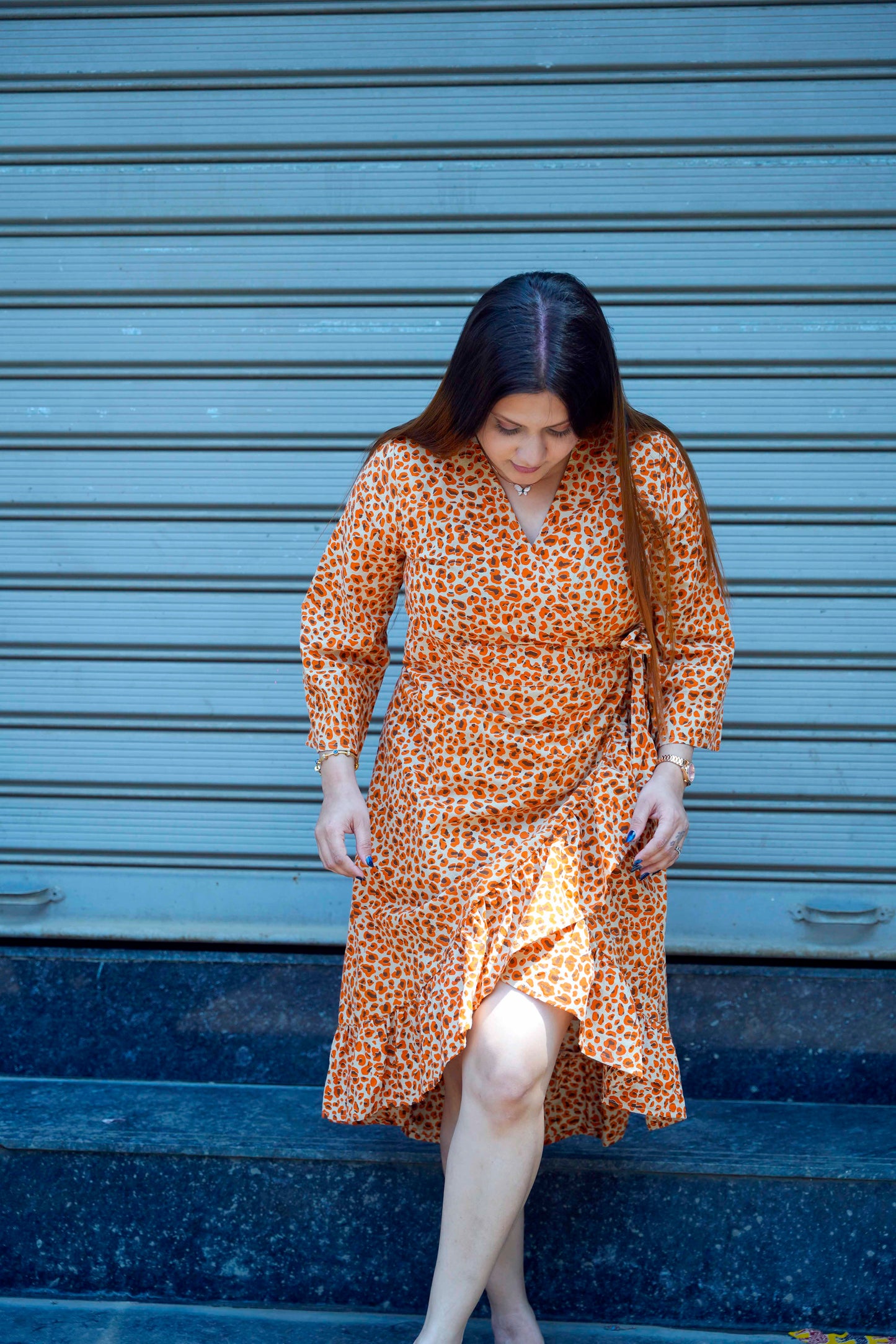 Orange Bagru Print Frill Dress