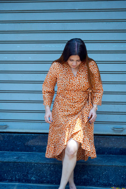 Orange Bagru Print Frill Dress