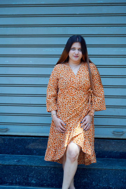 Orange Bagru Print Frill Dress