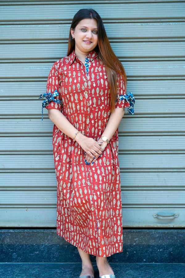 Rust Bagru Print Cotton Dress