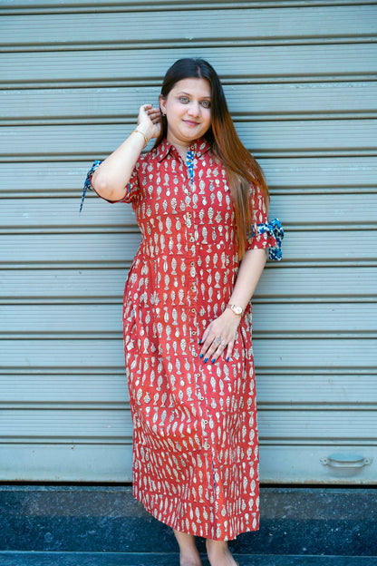 Rust Bagru Print Cotton Dress