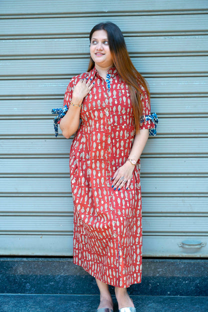 Rust Bagru Print Cotton Dress