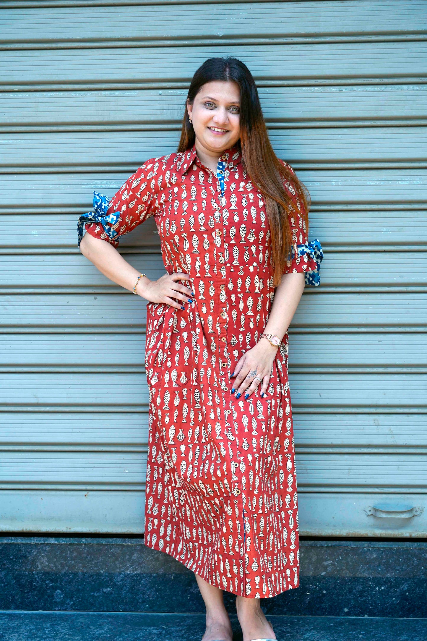 Rust Bagru Print Cotton Dress
