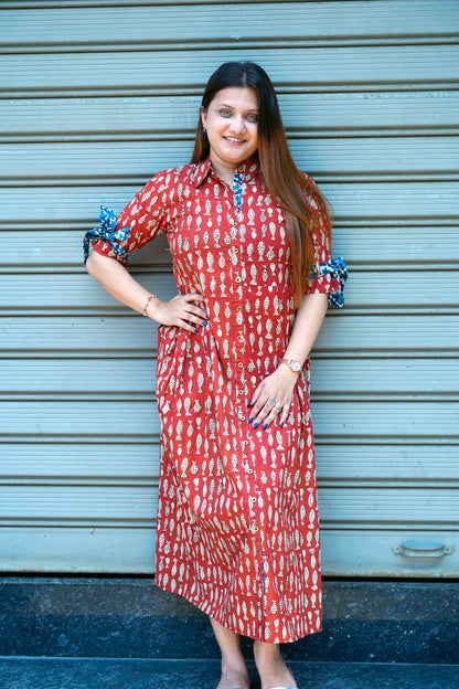 Rust Bagru Print Cotton Dress