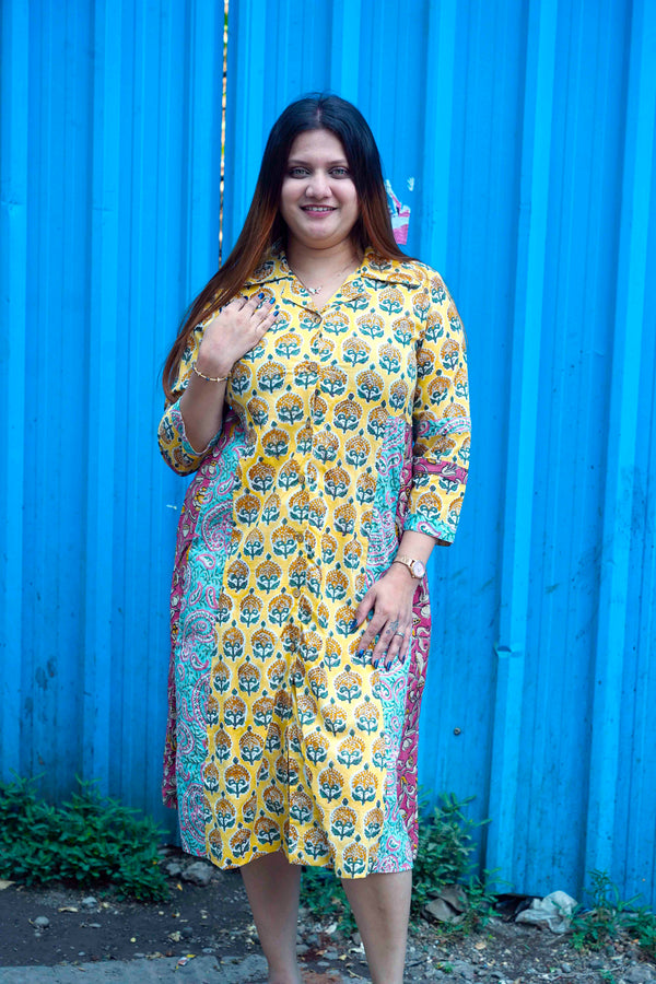Yellow Bagru Handblock Print Dress