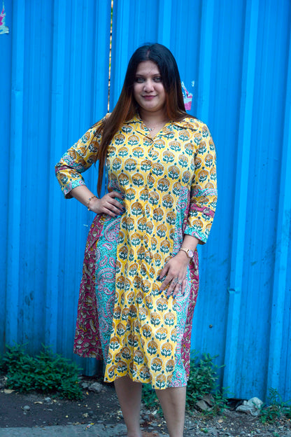 Yellow Bagru Handblock Print Dress