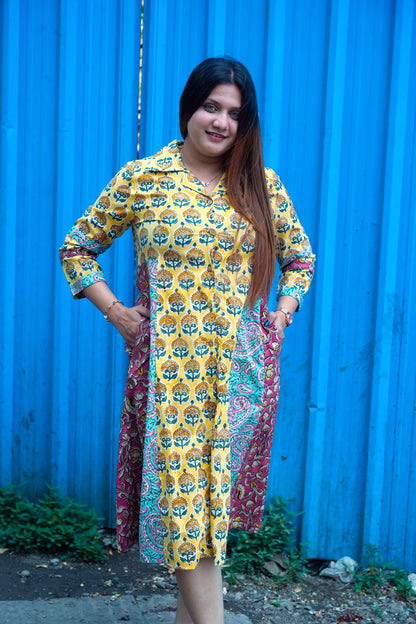 Yellow Bagru Handblock Print Dress