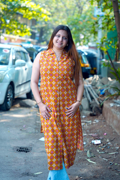 Sleeveless Mustard Hand Printed Cotton Long Kurti