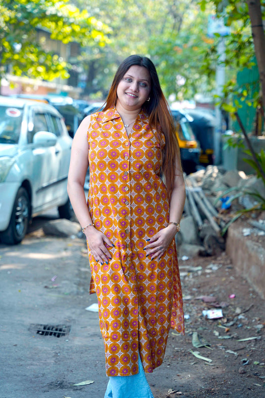 Sleeveless Mustard Hand Printed Cotton Long Kurti