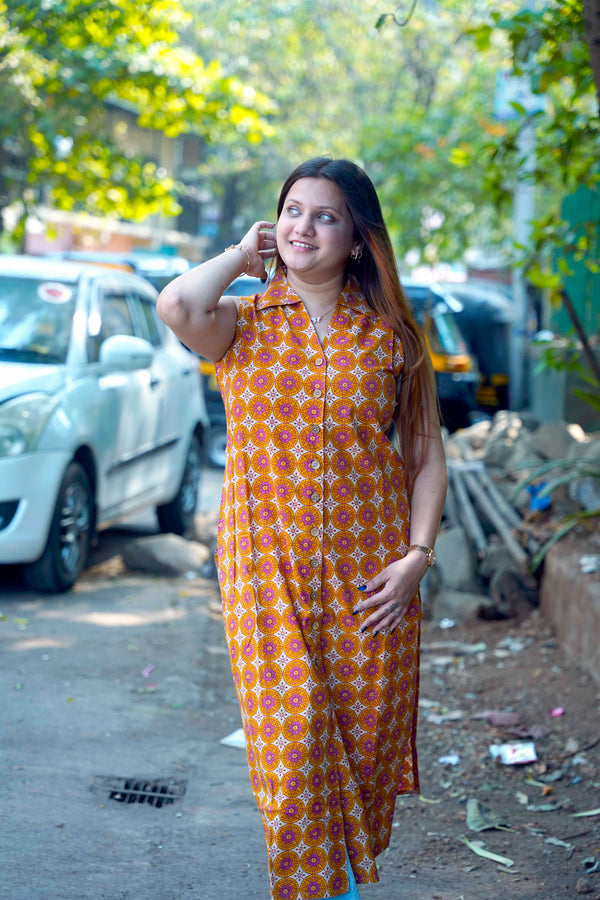 Sleeveless Mustard Hand Printed Cotton Long Kurti