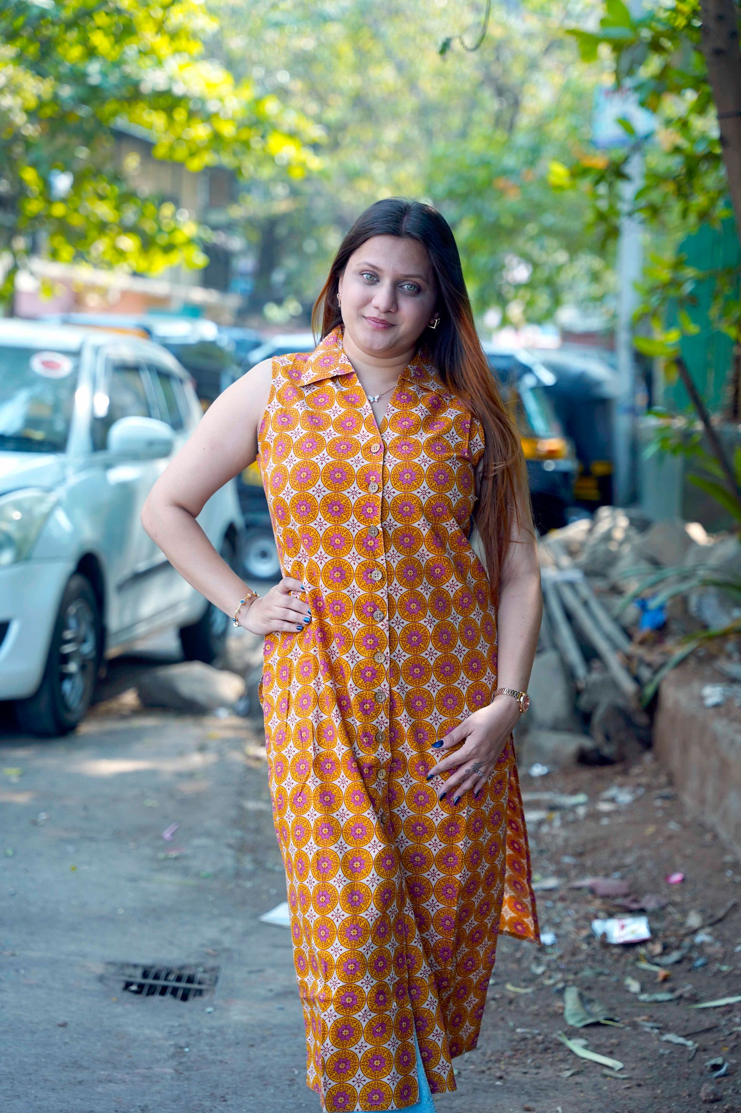 Sleeveless Mustard Hand Printed Cotton Long Kurti
